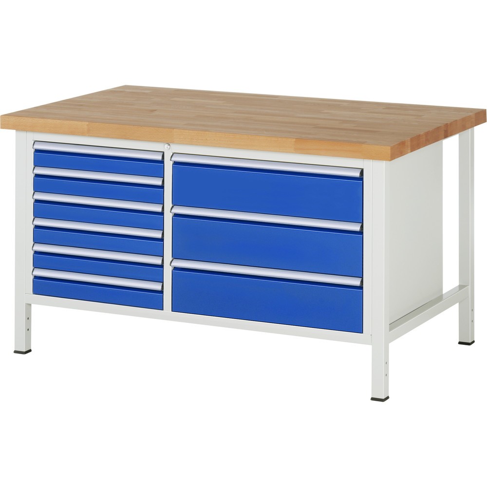 Immagine del prodotto n. 1: Banco da lavoro RAU serie 8000, 1 contenitore doppio, AxLxP 840-1.040 x 1.500 x 900 mm, 9 cassetti estraibili al 90% 6 x 90, 3 x 180 mm, portata cassetti 75/100 kg