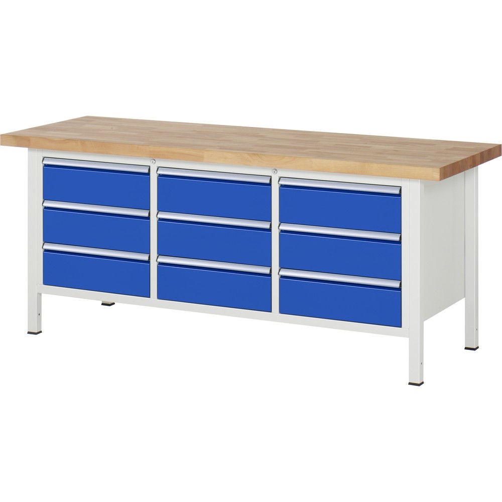 Immagine del prodotto: RAU Banco da lavoro Serie 8000, HxLxP 840-1.040 x 2.000 x 700 mm, 1 contenitore triplo nella base, con 9 cassetti