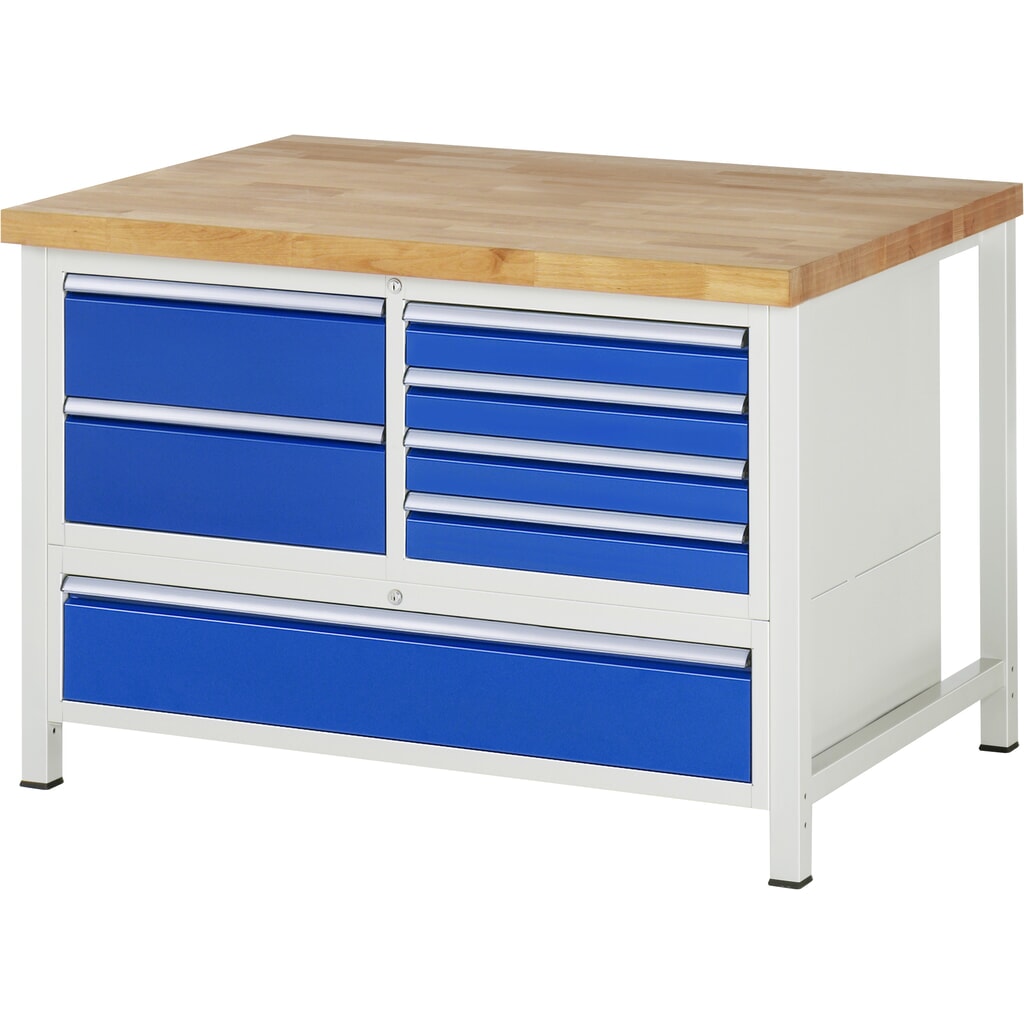 RAU Banco da lavoro Serie 8000, HxLxP 840-1.040 x 1.250 x 900 mm, 1, contenitore triplo nella base, con 7 cassetti Immagine del prodotto: RAU Banco da lavoro Serie 8000, HxLxP 840-1.040 x 1.250 x 900 mm, 1, contenitore triplo nella base, con 7 cassetti
