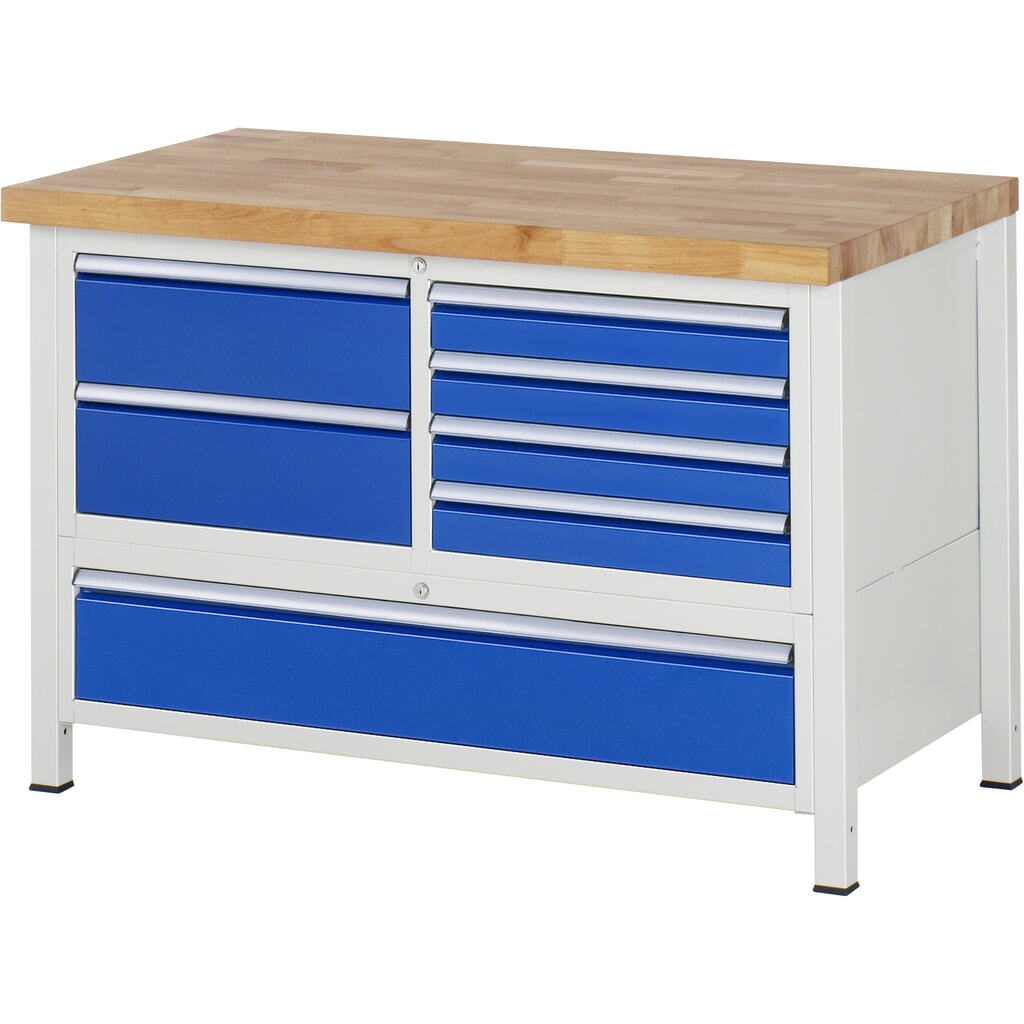 RAU Banco da lavoro Serie 8000, HxLxP 840-1.040 x 1.250 x 700 mm, 1, contenitore triplo nella base, con 7 cassetti Immagine del prodotto: RAU Banco da lavoro Serie 8000, HxLxP 840-1.040 x 1.250 x 700 mm, 1, contenitore triplo nella base, con 7 cassetti