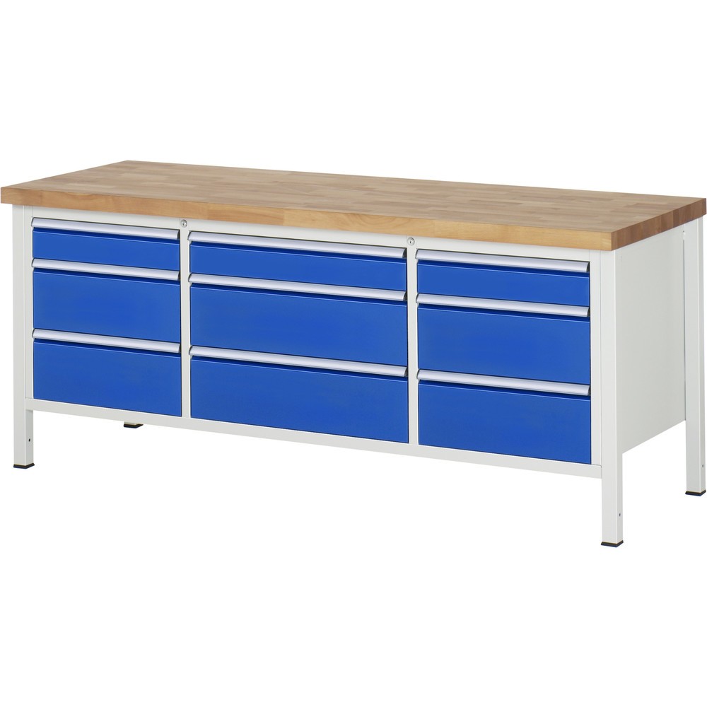 Immagine del prodotto: Banco da lavoro RAU serie 8000, 1 contenitore triplo, AxLxP 840 x 2.000 x 700 mm, 9 cassetti estraibili al 90% 3 x 120, 6 x 210 mm, portata cassetti 100/75 kg