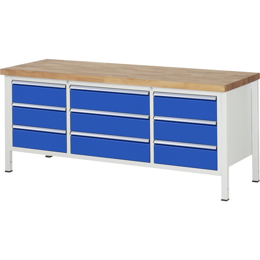 Immagine del prodotto: Banco da lavoro RAU serie 8000, 1 contenitore triplo, HxLxP 840 x 2.000 x 700 mm, 9 cassetti estraibili al 90% 9 x 180 mm, portata cassetti 100/75 kg