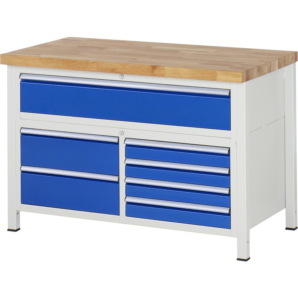 Immagine del prodotto n. 1: Banco da lavoro RAU serie 8000, 1 contenitore triplo, HxLxP 840 x 1.250 x 700 mm, 7 cassetti estraibili al 90% 4 x 90, 3 x 180 mm