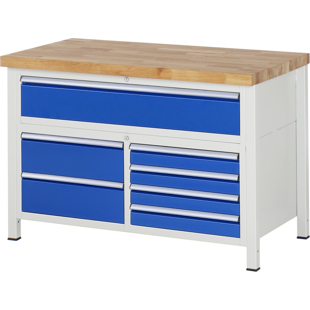 Immagine del prodotto n. 1: Banco da lavoro RAU serie 8000, 1 contenitore triplo, HxLxP 840 x 1.250 x 700 mm, 7 cassetti estraibili al 90% 4 x 90, 3 x 180 mm