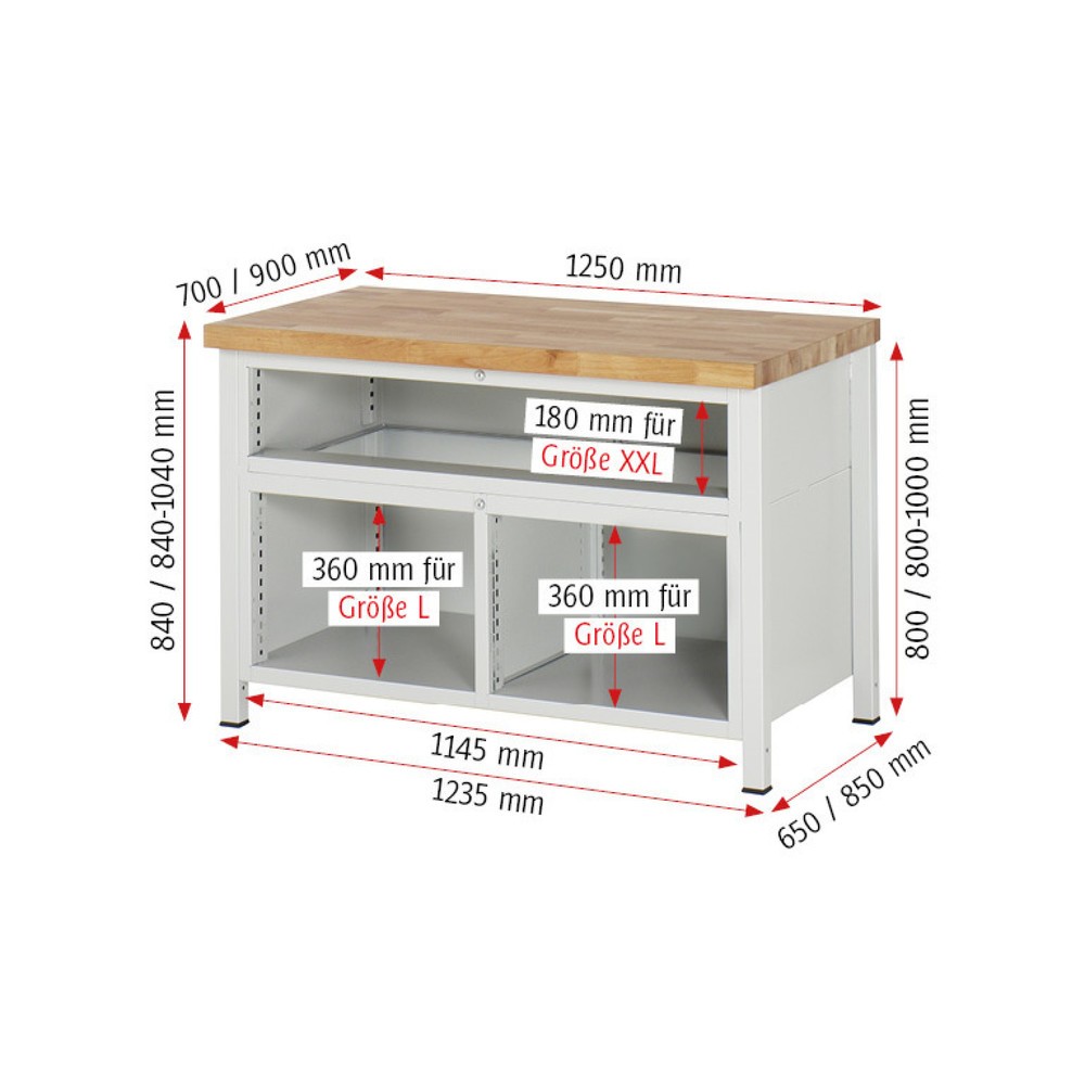 Immagine del prodotto n. 6: Banco da lavoro RAU serie 8000, 1 contenitore triplo, HxLxP 840 x 1.250 x 700 mm, 7 cassetti estraibili al 90% 4 x 90, 3 x 180 mm