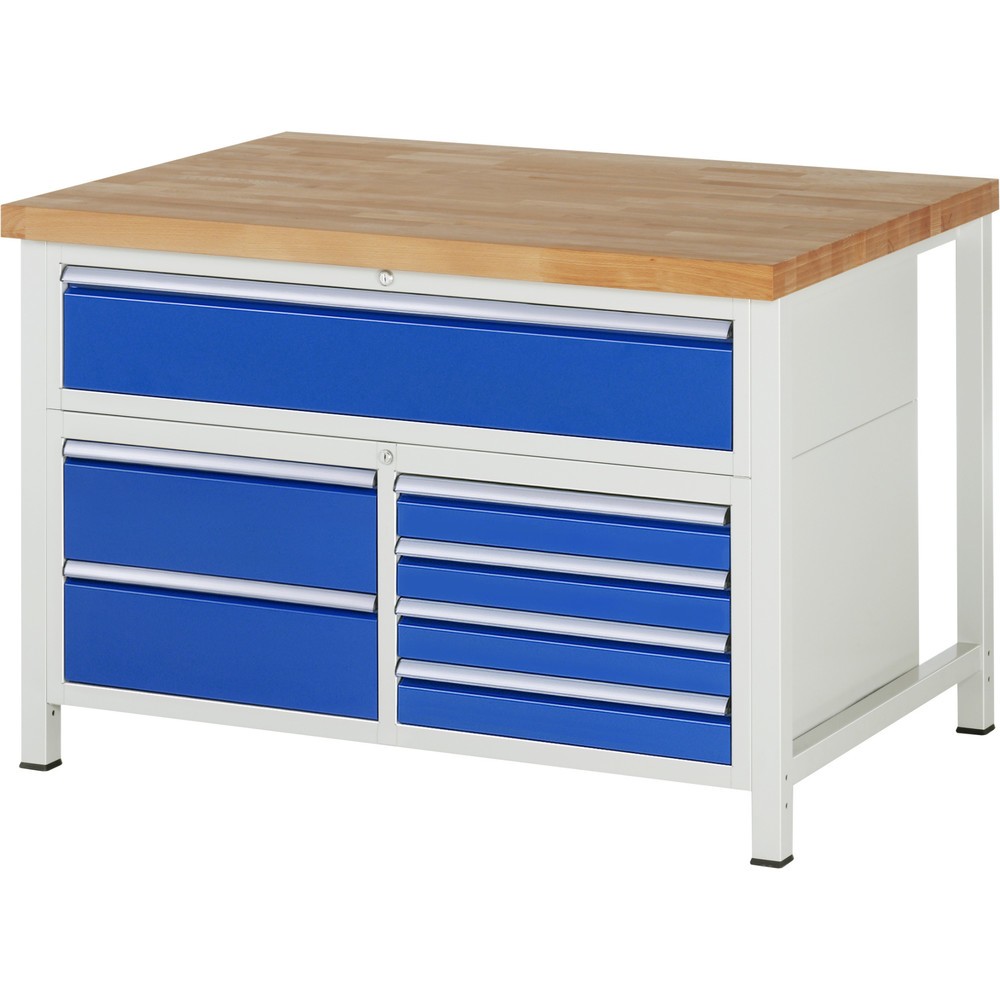 Immagine del prodotto: Banco da lavoro RAU serie 8000, 1 contenitore triplo, HxLxP 840 x 1.250 x 900 mm, 7 cassetti estraibili al 90% 4 x 90, 3 x 180 mm