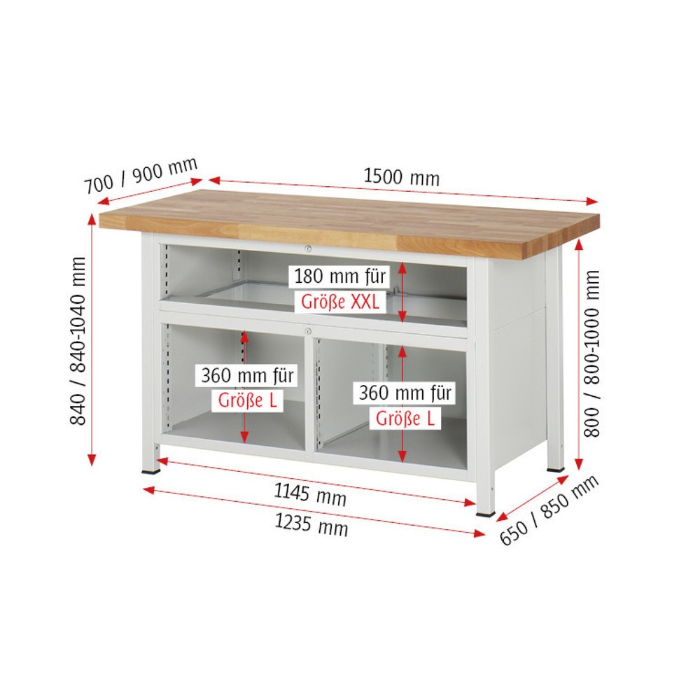 Immagine del prodotto n. 5: Banco da lavoro RAU serie 8000, 1 contenitore triplo, HxLxP 840 x 1.500 x 700 mm, 7 cassetti estraibili al 90% 3 x 60, 4 x 180 mm