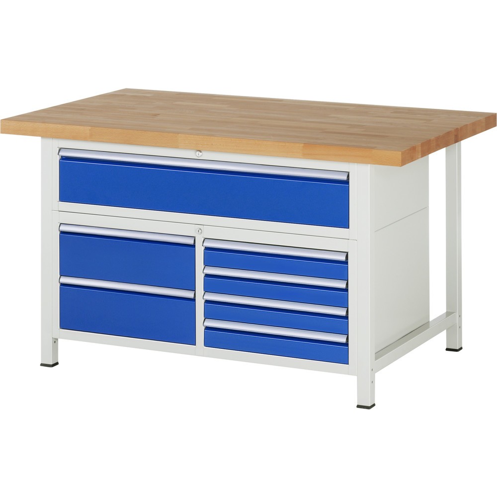 Immagine del prodotto n. 1: Banco da lavoro RAU serie 8000, 1 contenitore triplo, HxLxP 840-1.040 x 1.500 x 900 mm, 7 cassetti estraibili al 90% 4 x 90, 3 x 180 mm