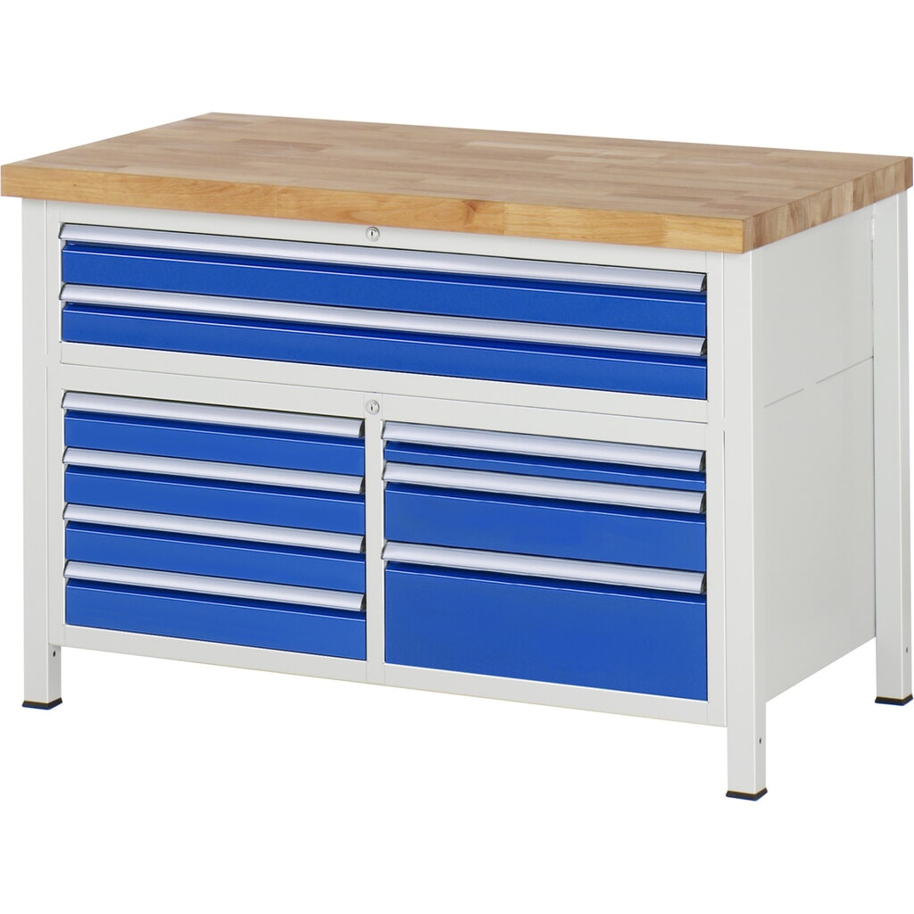 Immagine del prodotto n. 1: Banco da lavoro RAU serie 8000, 1 contenitore triplo, HxLxP 840-1.040 x 1.250 x 700 mm, 7 L + 2 cassetti XXL, estraibili al 90%