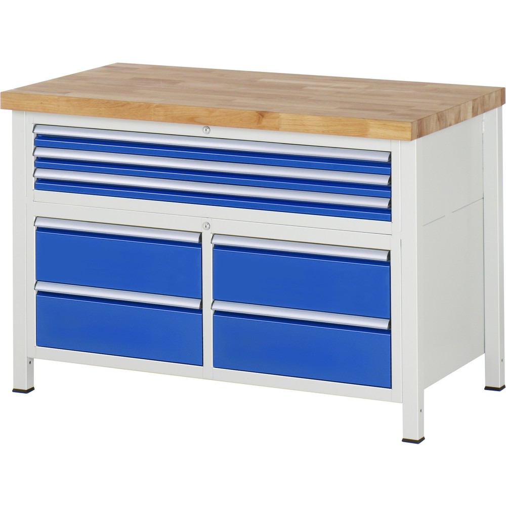 Immagine del prodotto: Banco da lavoro RAU serie 8000, 1 contenitore triplo, HxLxP 840-1.040 x 1.250 x 700 mm, 7 cassetti estraibili al 90% 3 x 60, 4 x 180 mm