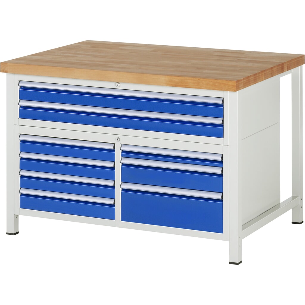 Immagine del prodotto: Banco da lavoro RAU serie 8000, 1 contenitore triplo, HxLxP 840-1.040 x 1.250 x 900 mm, 9 cassetti estraibili al 90% 1 x 60, 6 x 90, 1 x 120, 1 x 180 mm, portata cassetti 100/50 kg