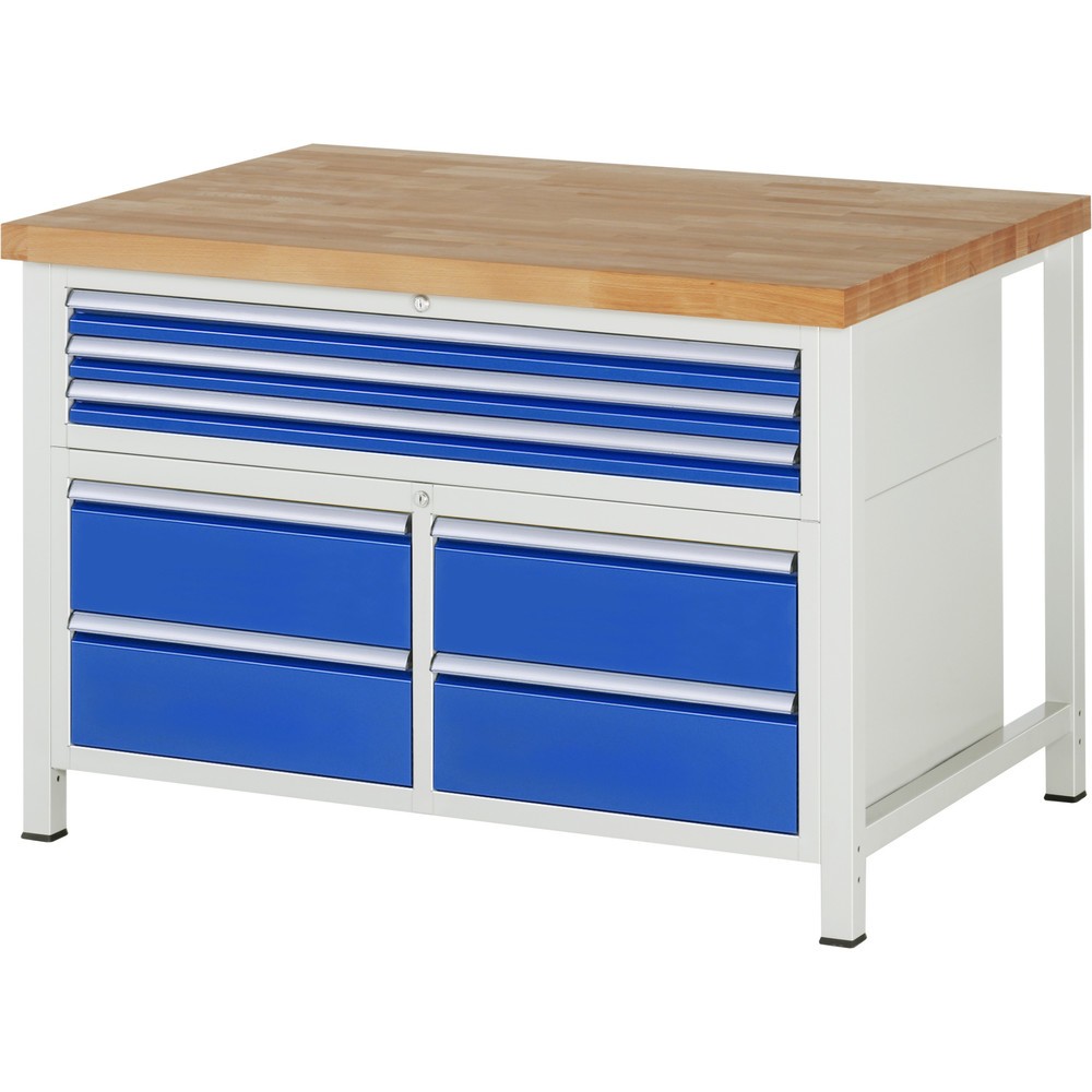 Immagine del prodotto: Banco da lavoro RAU serie 8000, 1 contenitore triplo, AxLxP 840-1.040 x 1.250 x 900 mm, 7 cassetti estraibili al 100% 3 x 60, 4 x 180 mm