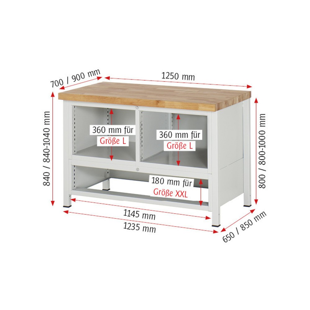 Immagine del prodotto n. 7: Banco da lavoro RAU serie 8000, 1 contenitore triplo, 1 porta battente, HxLxP 840 x 1.250 x 900 mm, 5 cassetti estraibili al 90%