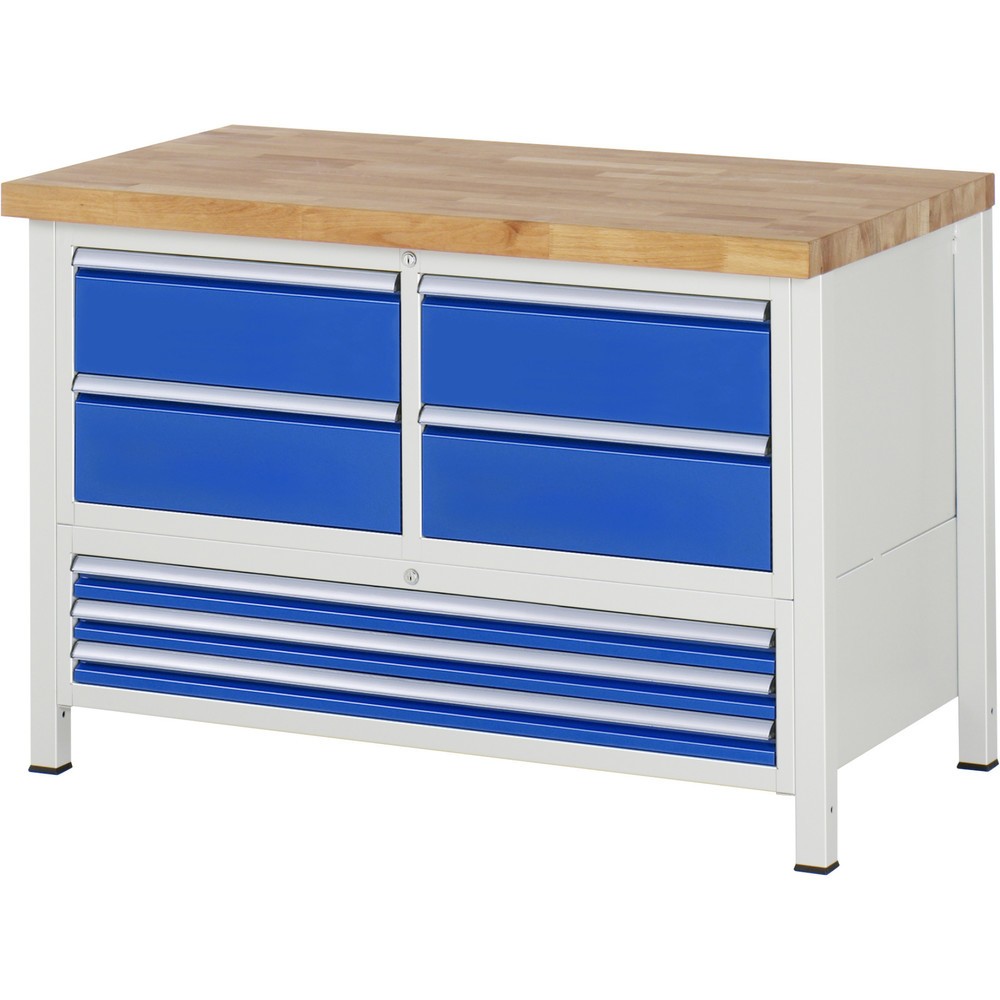 Immagine del prodotto n. 1: Banco da lavoro RAU serie 8000, 1 contenitore triplo, HxLxP 840-1.040 x 1.250 x 700 mm, 7 cassetti estraibili al 90% 3 x 60, 4 x 180 mm