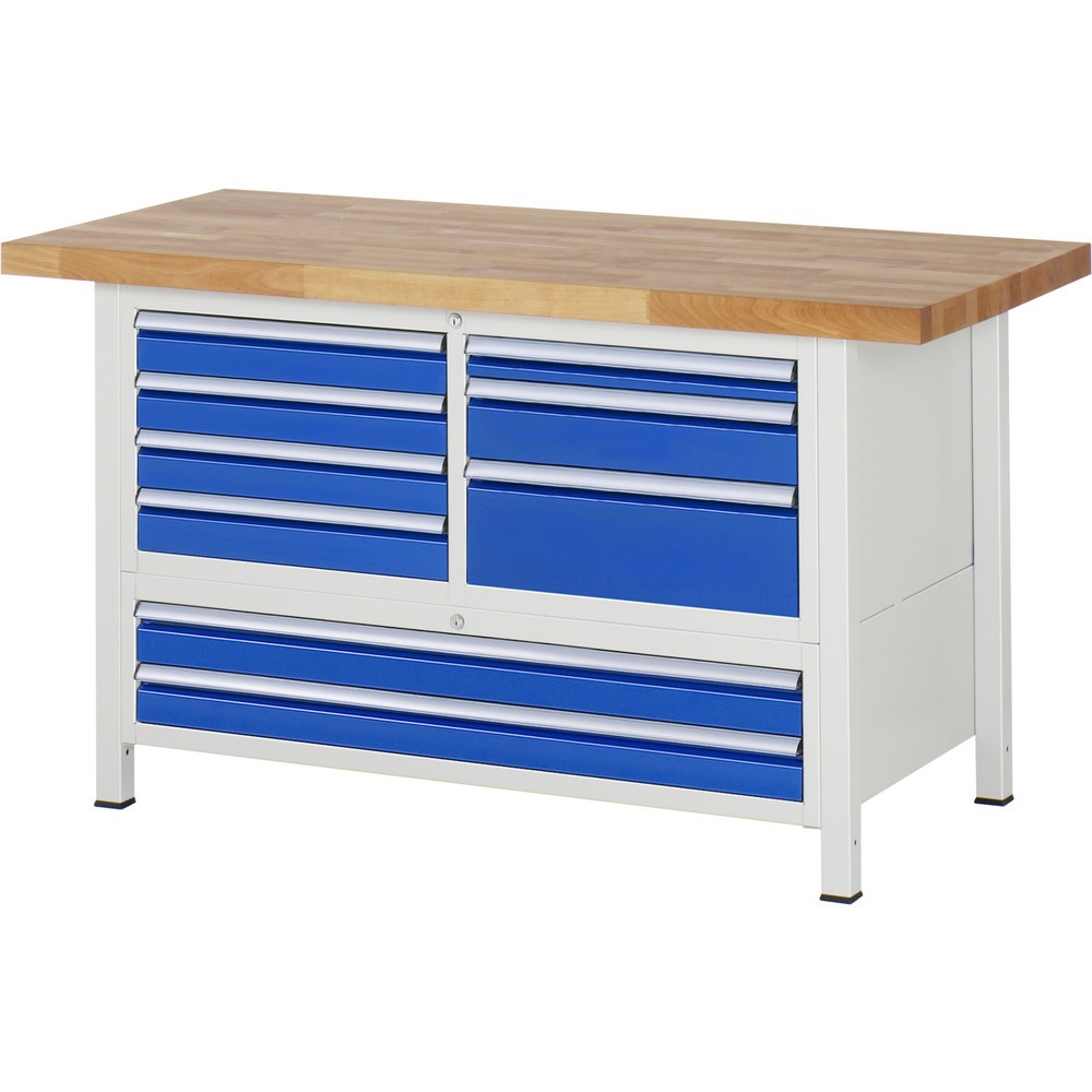 Immagine del prodotto: Banco da lavoro RAU serie 8000, 1 contenitore triplo, HxLxP 840 x 1.500 x 700 mm, 9 cassetti estraibili al 90% 1 x 60, 6 x 90, 1 x 120, 1 x 180 mm, portata cassetti 100/50 kg