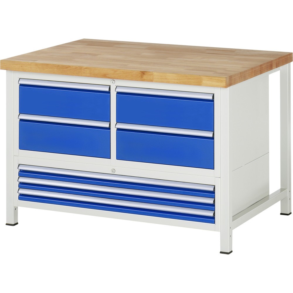 Immagine del prodotto n. 1: Banco da lavoro RAU serie 8000, 1 contenitore triplo, HxLxP 840-1.040 x 1.250 x 900 mm, 7 cassetti estraibili al 90% 3 x 60, 4 x 180 mm