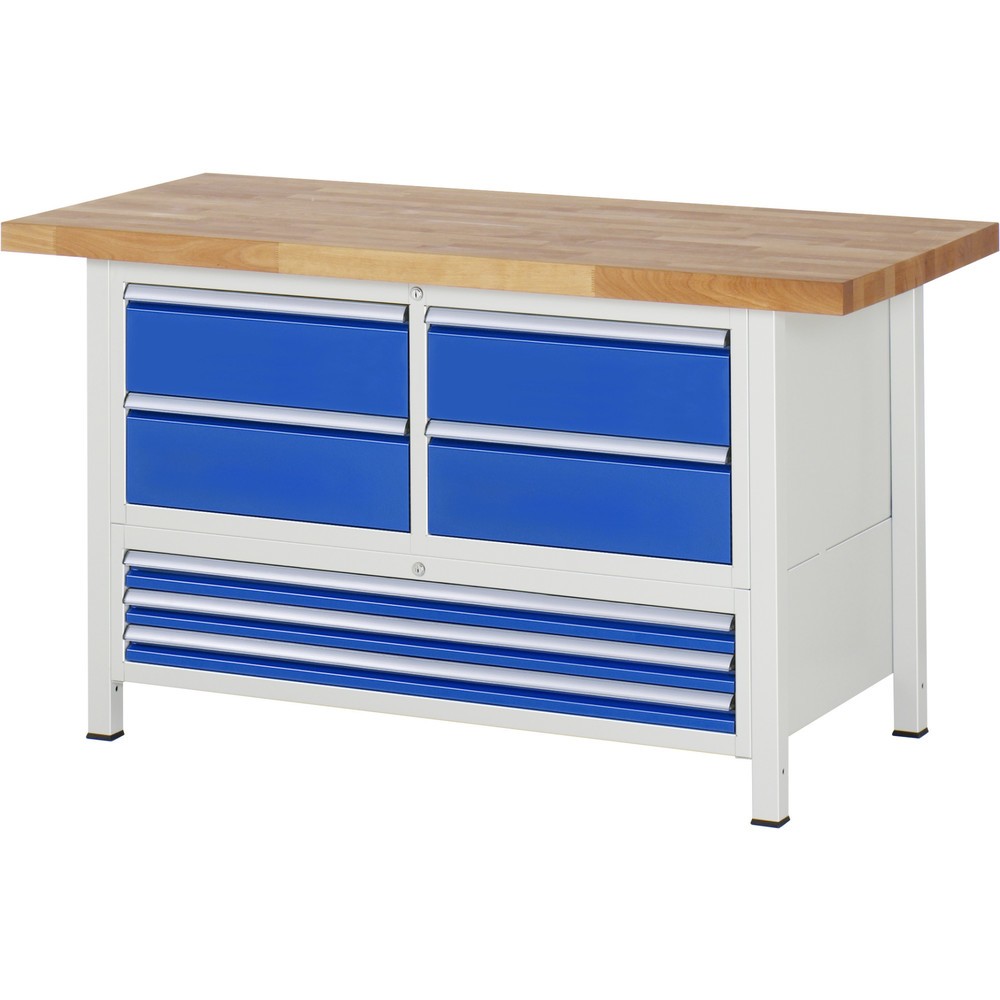 Immagine del prodotto n. 1: Banco da lavoro RAU serie 8000, 1 contenitore triplo, AxLxP 840-1.040 x 1.500 x 700 mm, 7 cassetti estraibili al 100% 3 x 60, 4 x 180 mm