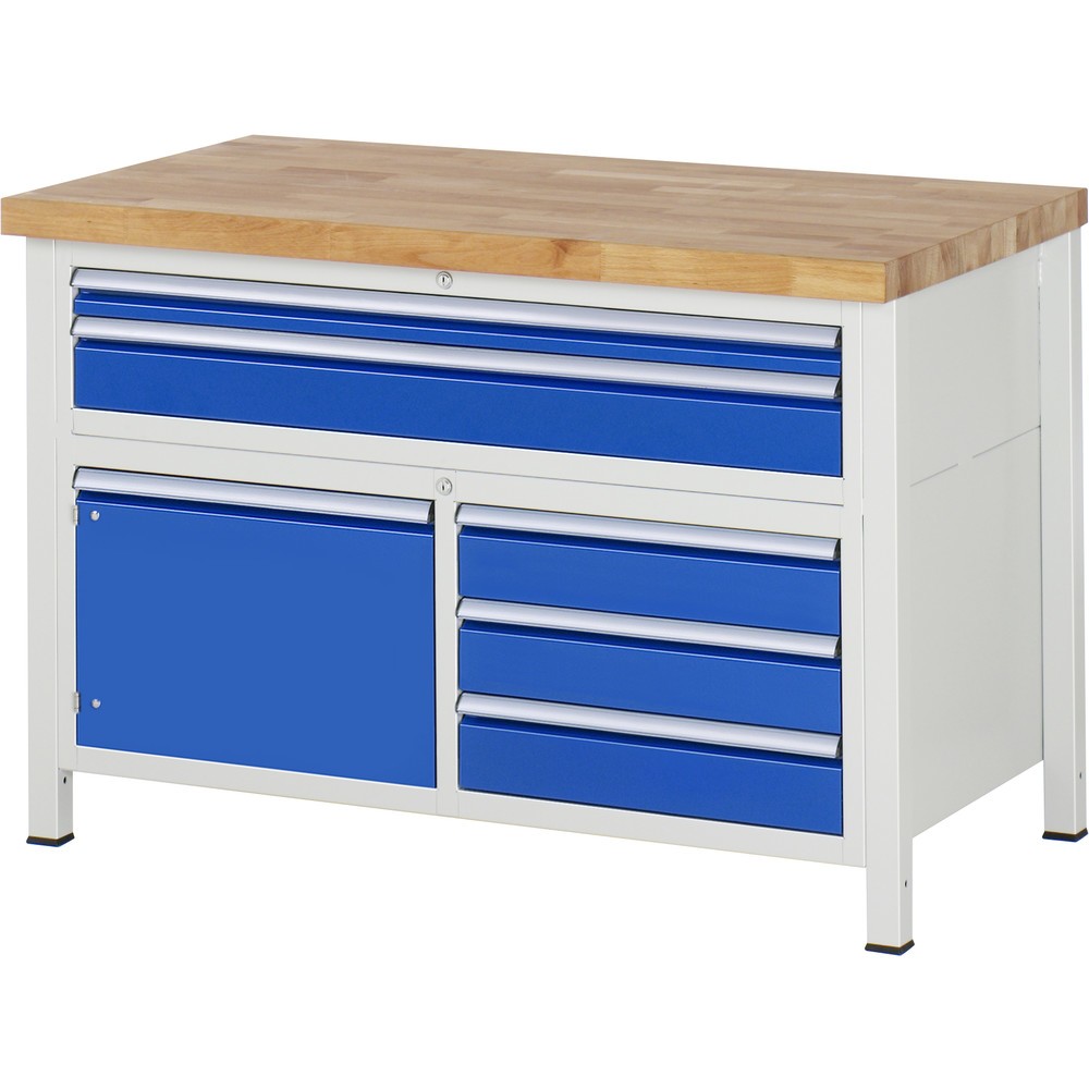 Immagine del prodotto: RAU Banco da lavoro Serie 8000, HxLxP 840-1.040 x 1.250 x 700 mm, 1 contenitore triplo nella base, con 5 cassetti e 1 anta battente