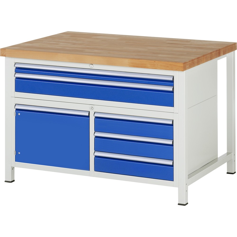 Immagine del prodotto: RAU Banco da lavoro Serie 8000, HxLxP 840-1.040 x 1.250 x 900 mm, 1 contenitore triplo nella base, con 5 cassetti e 1 anta battente