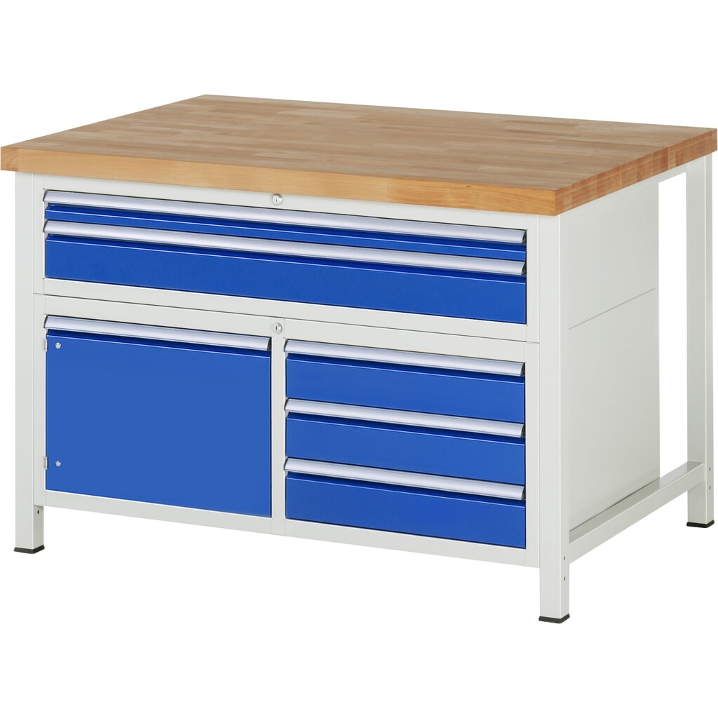 RAU Banco da lavoro Serie 8000, HxLxP 840-1.040 x 1.250 x 900 mm, 1 contenitore triplo nella base, con 5 cassetti e 1 anta battente Immagine del prodotto: RAU Banco da lavoro Serie 8000, HxLxP 840-1.040 x 1.250 x 900 mm, 1 contenitore triplo nella base, con 5 cassetti e 1 anta battente