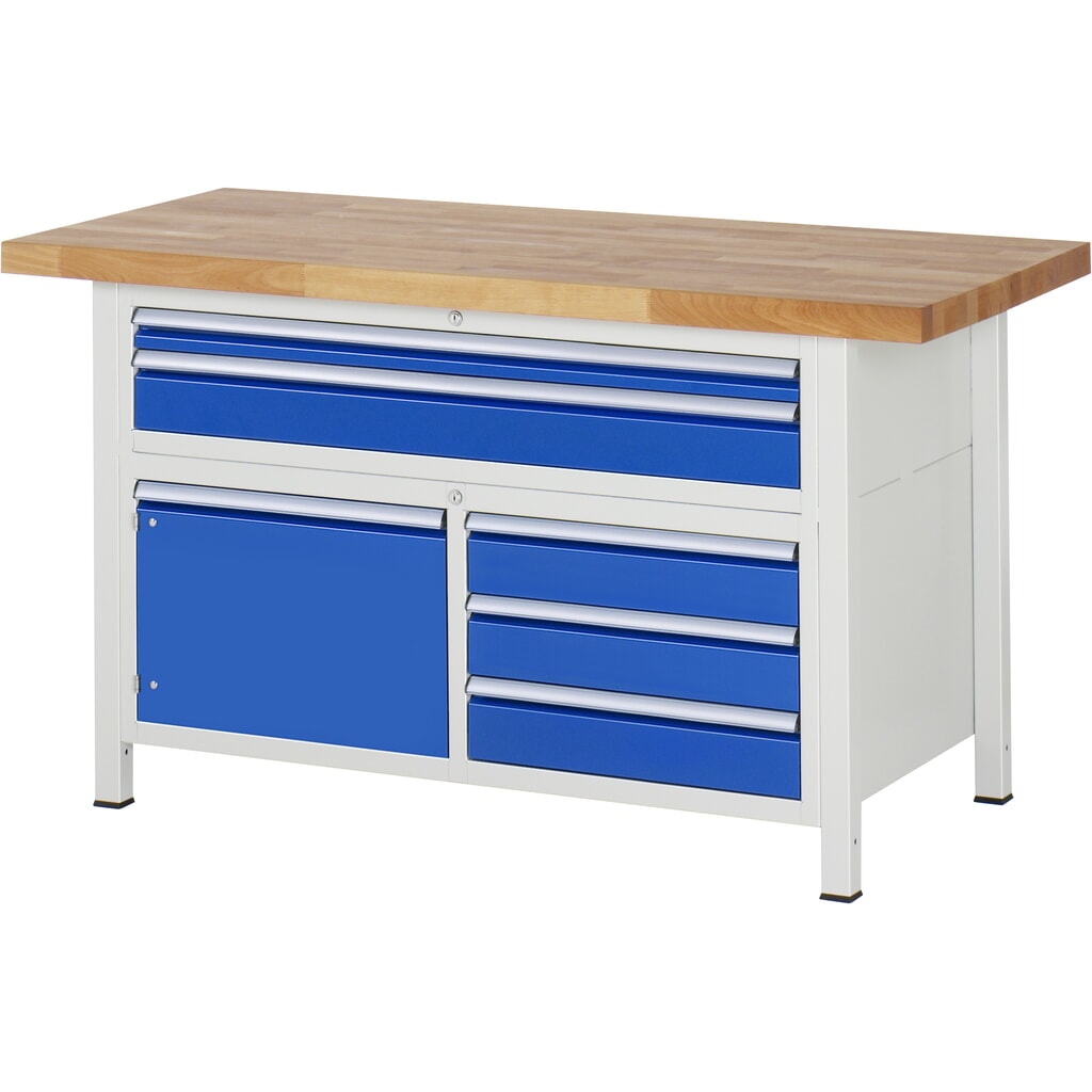 Immagine del prodotto: RAU Banco da lavoro Serie 8000, HxLxP 840-1.040 x 1.500 x 700 mm, 1 contenitore triplo nella base, con 5 cassetti e 1 anta battente