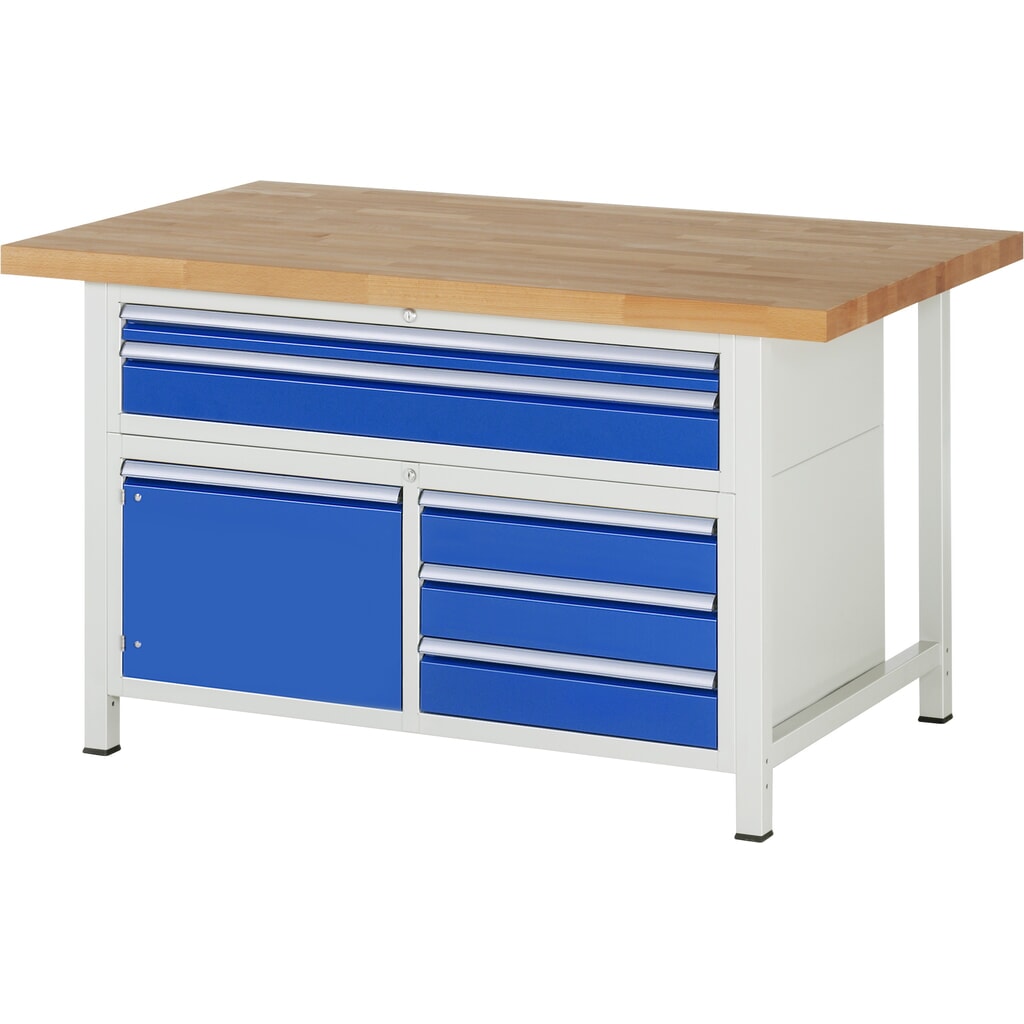 Immagine del prodotto: RAU Banco da lavoro Serie 8000, HxLxP 840-1.040 x 1.500 x 900 mm, 1 contenitore triplo nella base, con 5 cassetti e 1 anta battente