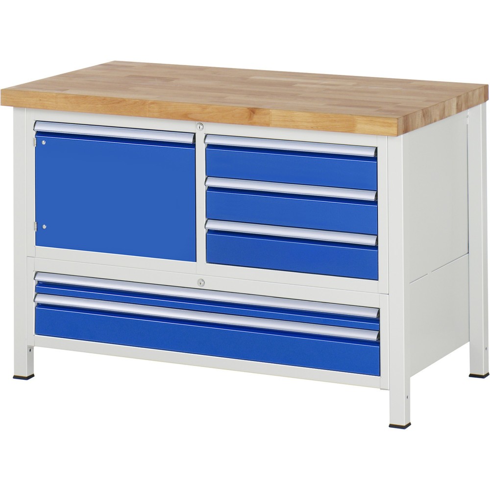 Immagine del prodotto: Banco da lavoro RAU serie 8000, 1 contenitore triplo, 1 porta battente, HxLxP 840 x 1.250 x 900 mm, 5 cassetti estraibili al 90%