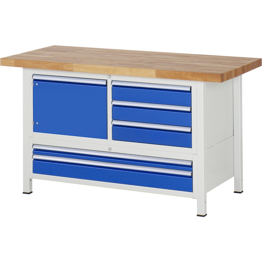 Immagine del prodotto: Banco da lavoro RAU serie 8000, 1 contenitore triplo, 1 anta battente, AxLxP 840-1.040 x 1.500 x 700 mm, 5 cassetti estraibili al 100%