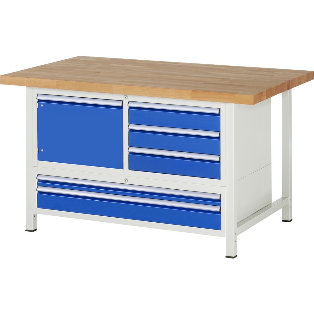 Immagine del prodotto n. 1: Banco da lavoro RAU serie 8000, 1 contenitore triplo, 1 anta battente, HxLxP 840-1.040 x 1.500 x 900 mm, 5 cassetti estraibili al 90%