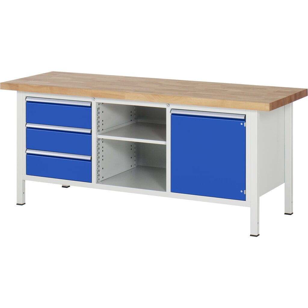 RAU Banco da lavoro Serie 8000, HxLxP 840-1.040 x 2.000 x 700 mm, 1 contenitore triplo nella base, con 3 cassetti e 1 anta battente Immagine del prodotto: RAU Banco da lavoro Serie 8000, HxLxP 840-1.040 x 2.000 x 700 mm, 1 contenitore triplo nella base, con 3 cassetti e 1 anta battente