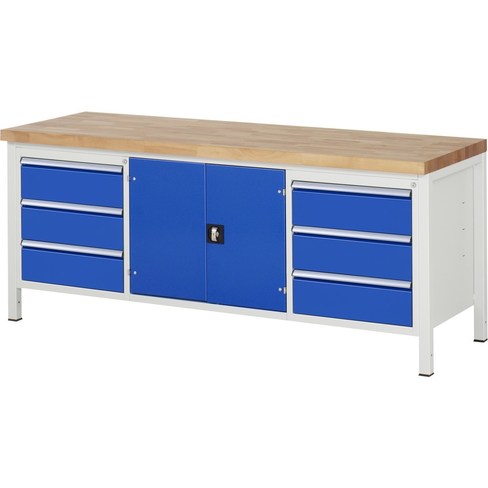 Immagine del prodotto n. 1: Banco da lavoro RAU serie 8000, 1 contenitore triplo, 1 piano di appoggio, 1 anta battente, HxLxP 840 x 2.000 x 700 mm, 6 cassetti estraibili al 90% 6 x 180 mm