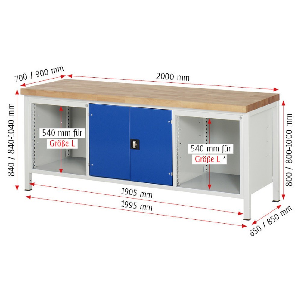 Immagine del prodotto n. 4: Banco da lavoro RAU serie 8000, 1 contenitore triplo, 1 piano di appoggio, 1 anta battente, HxLxP 840 x 2.000 x 700 mm, 9 cassetti estraibili al 90%