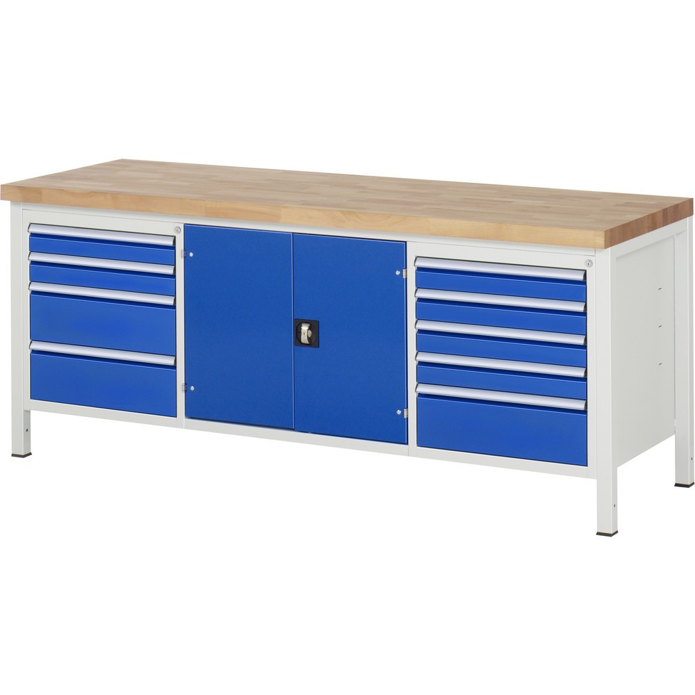 Immagine del prodotto n. 1: Banco da lavoro RAU serie 8000, 1 contenitore triplo, 1 piano di appoggio, 1 anta battente, HxLxP 840 x 2.000 x 700 mm, 9 cassetti estraibili al 90%