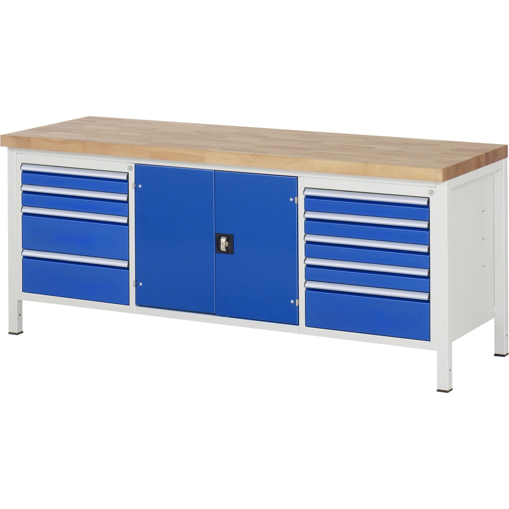 Immagine del prodotto: Banco da lavoro RAU serie 8000, 1 contenitore triplo, 1 piano di appoggio, 1 anta battente, HxLxP 840-1.040 x 2.000 x 700 mm, 9 cassetti estraibili al 90%