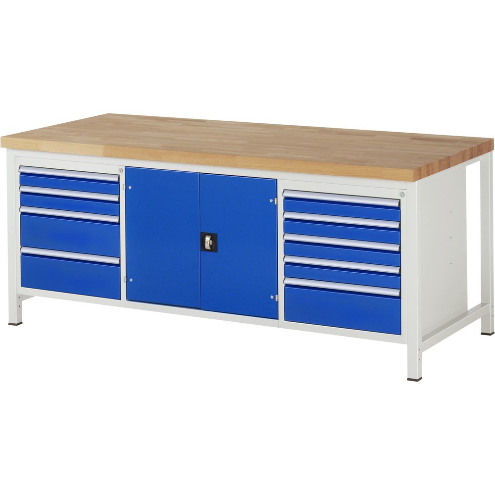 Immagine del prodotto: Banco da lavoro RAU serie 8000, 1 contenitore triplo, 1 piano di appoggio, 1 anta battente, HxLxP 840 x 2.000 x 900 mm, 9 cassetti estraibili al 90%