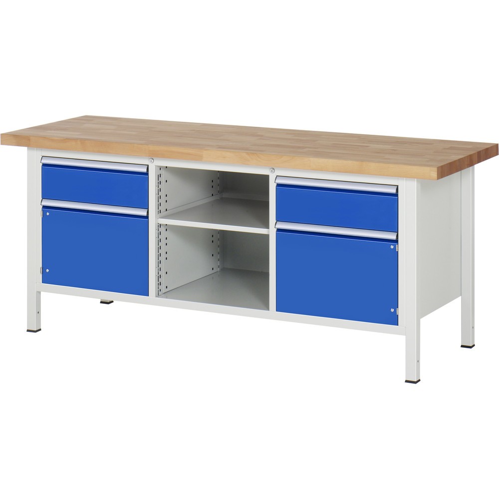 Immagine del prodotto: Banco da lavoro RAU serie 8000, 1 contenitore triplo, 1 piano di appoggio, 2 ante battenti, AxLxP 840-1.040 x 2.000 x 700 mm, 2 cassetti estraibili al 90%, ErgoScript®