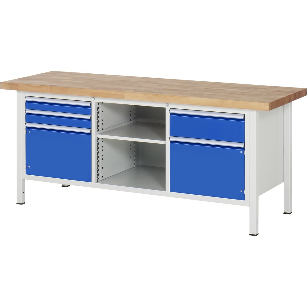 Immagine del prodotto: RAU Banco da lavoro Serie 8000, HxLxP 840-1.040 x 2.000 x 700 mm, 1 contenitore triplo nella base, con 3 cassetti e 2 ante battenti