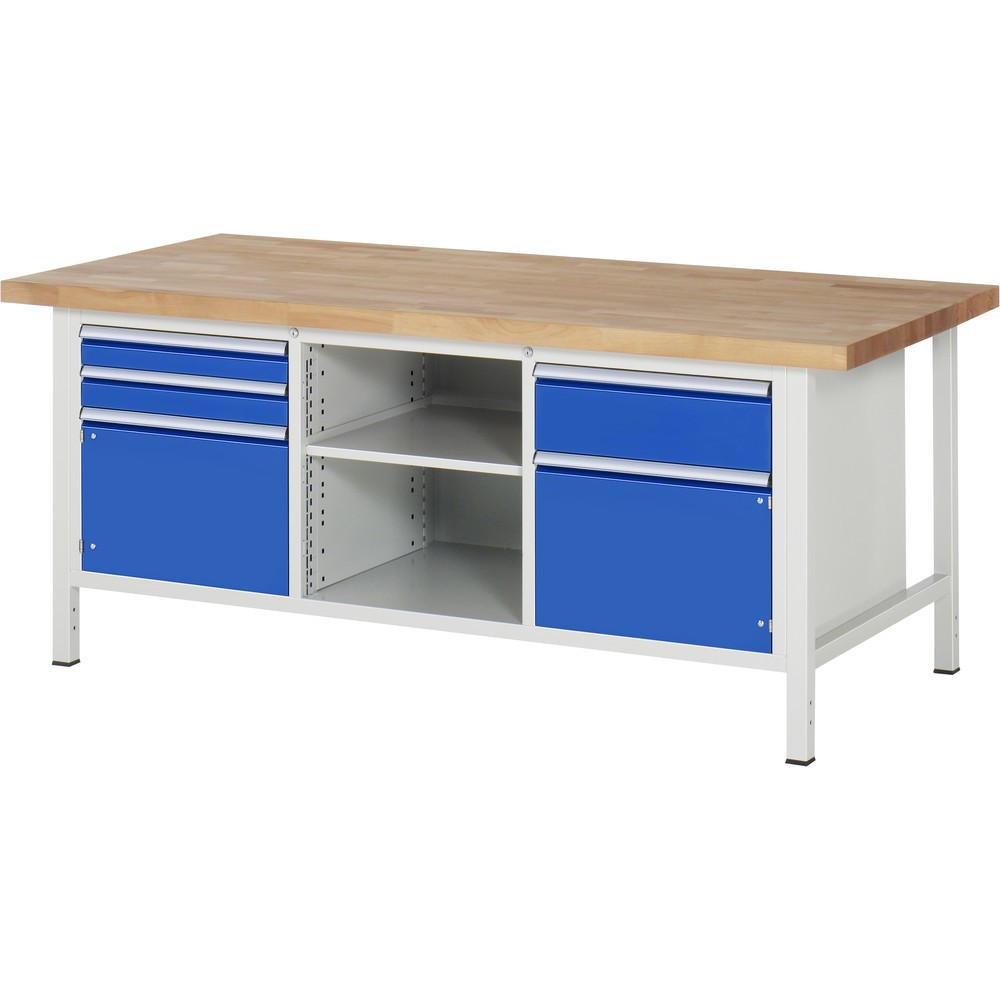 Immagine del prodotto: RAU Banco da lavoro Serie 8000, HxLxP 840-1.040 x 2.000 x 900 mm, 1 contenitore triplo nella base, con 3 cassetti e 2 ante battenti