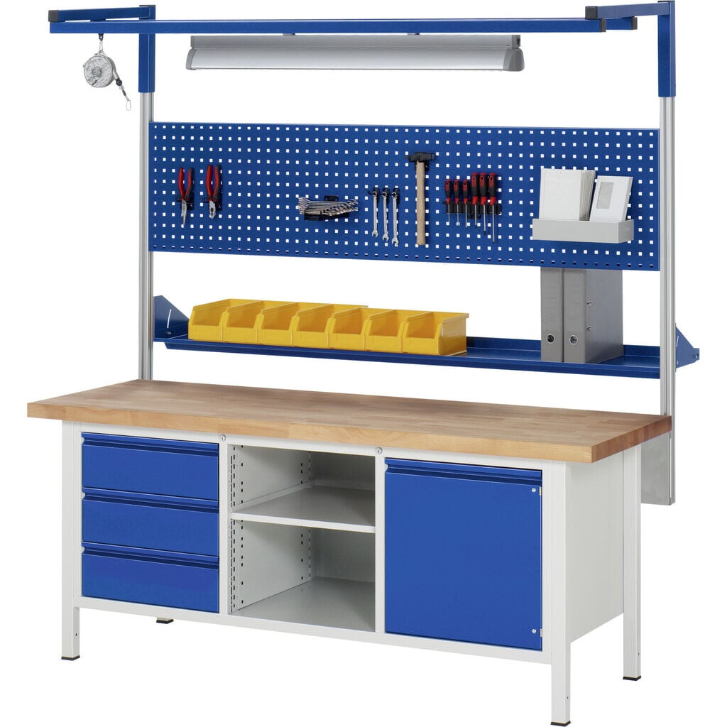 Immagine del prodotto n. 8: Banco da lavoro RAU serie 8000, 1 contenitore triplo, 1 ripiano, 1 anta battente, AxLxP 840-1.040 x 2.000 x 700 mm, 3 cassetti, maniglia integrata
