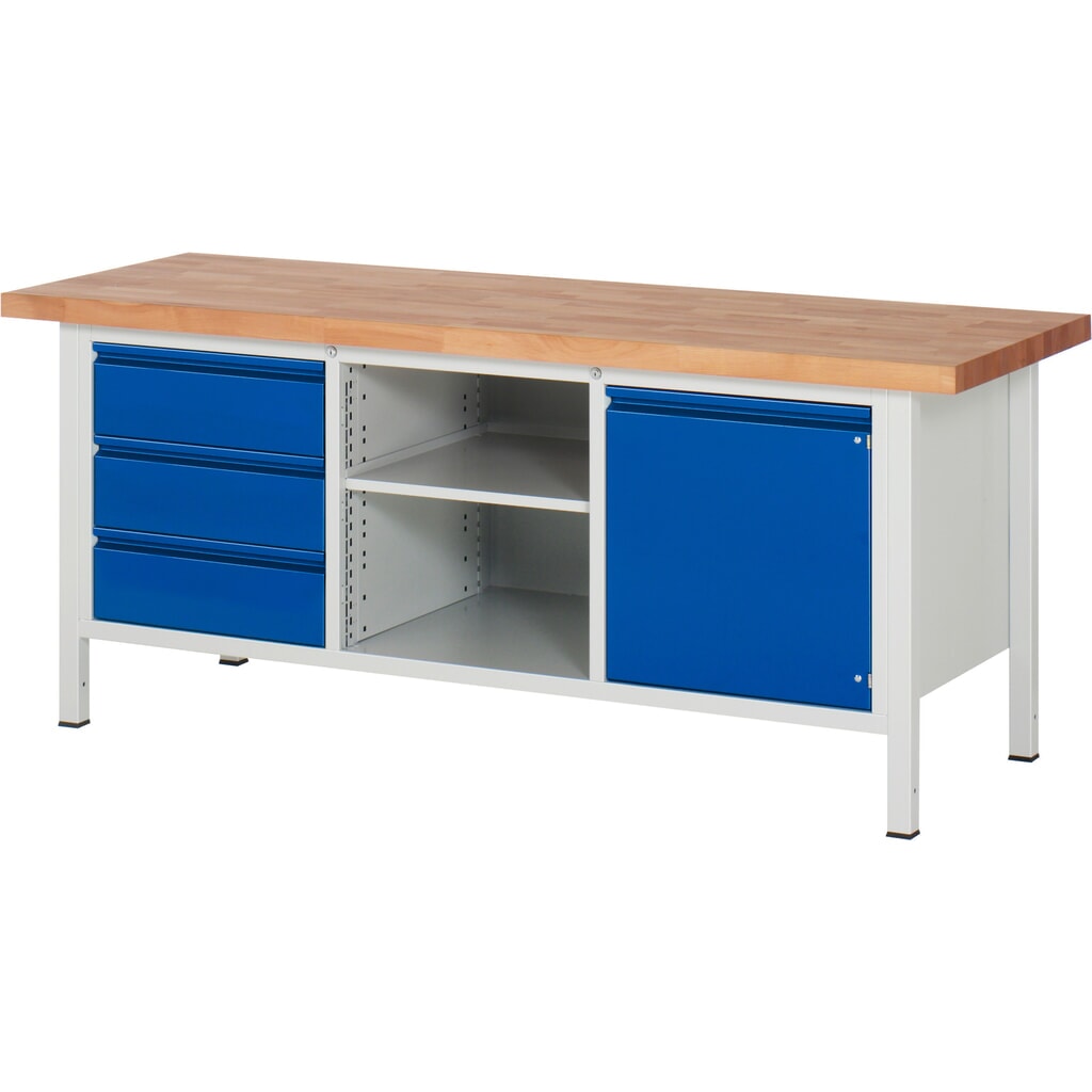 Banco da lavoro RAU serie 8000, 1 contenitore triplo, 1 ripiano, 1 anta battente, AxLxP 840-1.040 x 2.000 x 700 mm, 3 cassetti, maniglia integrata Immagine del prodotto n. 1: Banco da lavoro RAU serie 8000, 1 contenitore triplo, 1 ripiano, 1 anta battente, AxLxP 840-1.040 x 2.000 x 700 mm, 3 cassetti, maniglia integrata