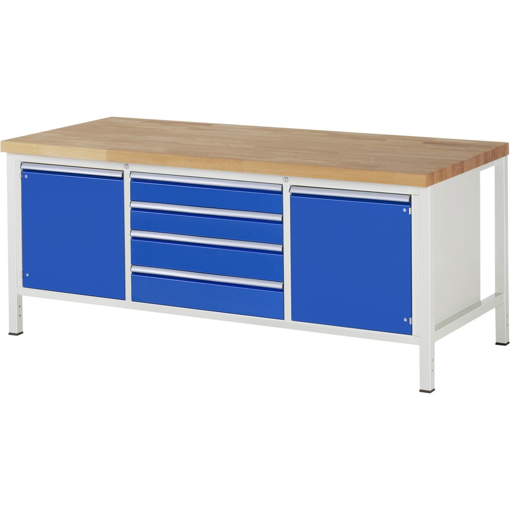 Immagine del prodotto: Banco da lavoro RAU serie 8000, 1 contenitore triplo, 1 ripiano, 2 ante battenti, AxLxP 840-1.040 x 2.000 x 900 mm, 4 cassetti