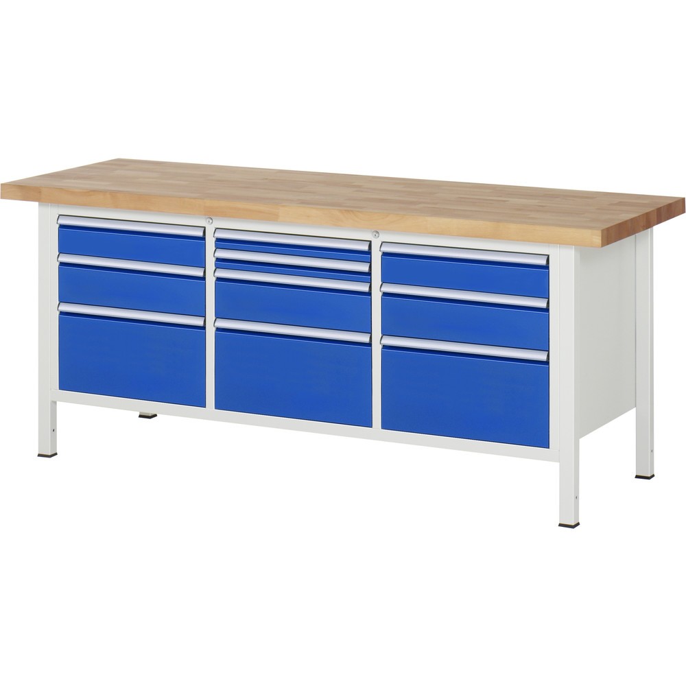 Immagine del prodotto: Banco da lavoro RAU serie 8000, 1 contenitore triplo, AxLxP 840 x 2.000 x 700 mm, 10 cassetti estraibili al 100% 2 x 60, 2 x 120, 3 x 150, 3 x 270 mm, portata cassetti 100 kg