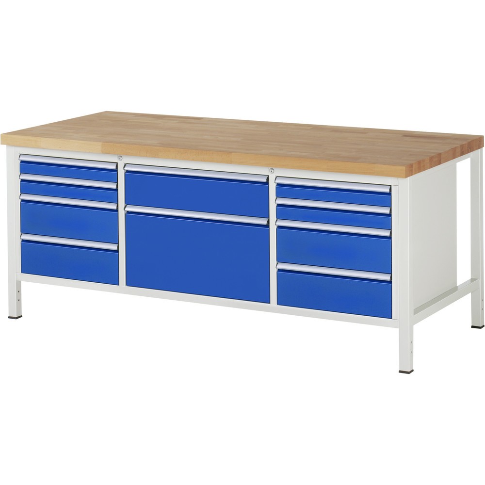 Immagine del prodotto: Banco da lavoro RAU serie 8000, 1 contenitore triplo, HxLxP 840-1.040 x 2.000 x 900 mm, 10 cassetti estraibili al 90% 4 x 90, 5 x 180, 1 x 360 mm, portata cassetti 100/75 kg