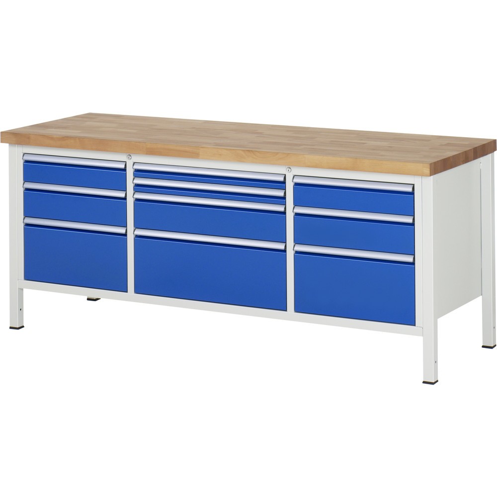Immagine del prodotto: Banco da lavoro RAU serie 8000, 1 contenitore triplo, HxLxP 840-1.040 x 2.000 x 700 mm, 10 cassetti estraibili al 90% 2 x 60, 2 x 120, 3 x 150, 3 x 270 mm, portata cassetti 100/75 kg