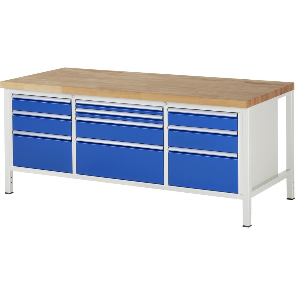 Immagine del prodotto: Banco da lavoro RAU serie 8000, 1 contenitore triplo, AxLxP 840 x 2.000 x 900 mm, 10 cassetti estraibili al 100% 2 x 60, 2 x 120, 3 x 150, 3 x 270 mm, portata cassetti 75/100 kg