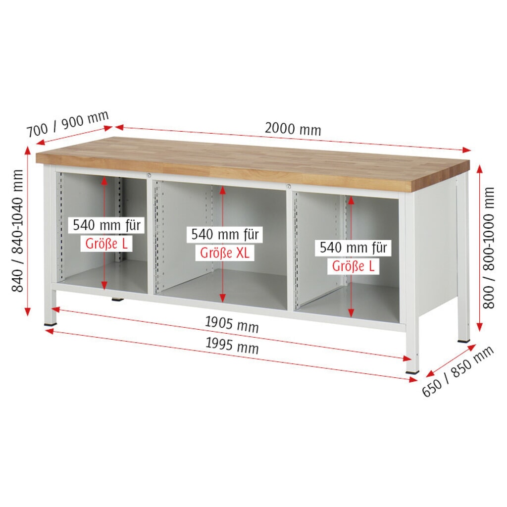 Immagine del prodotto n. 8: Banco da lavoro RAU serie 8000, 1 contenitore triplo, 1 piano di appoggio, AxLxP 840-1.040 x 2.000 x 700 mm, 4 cassetti