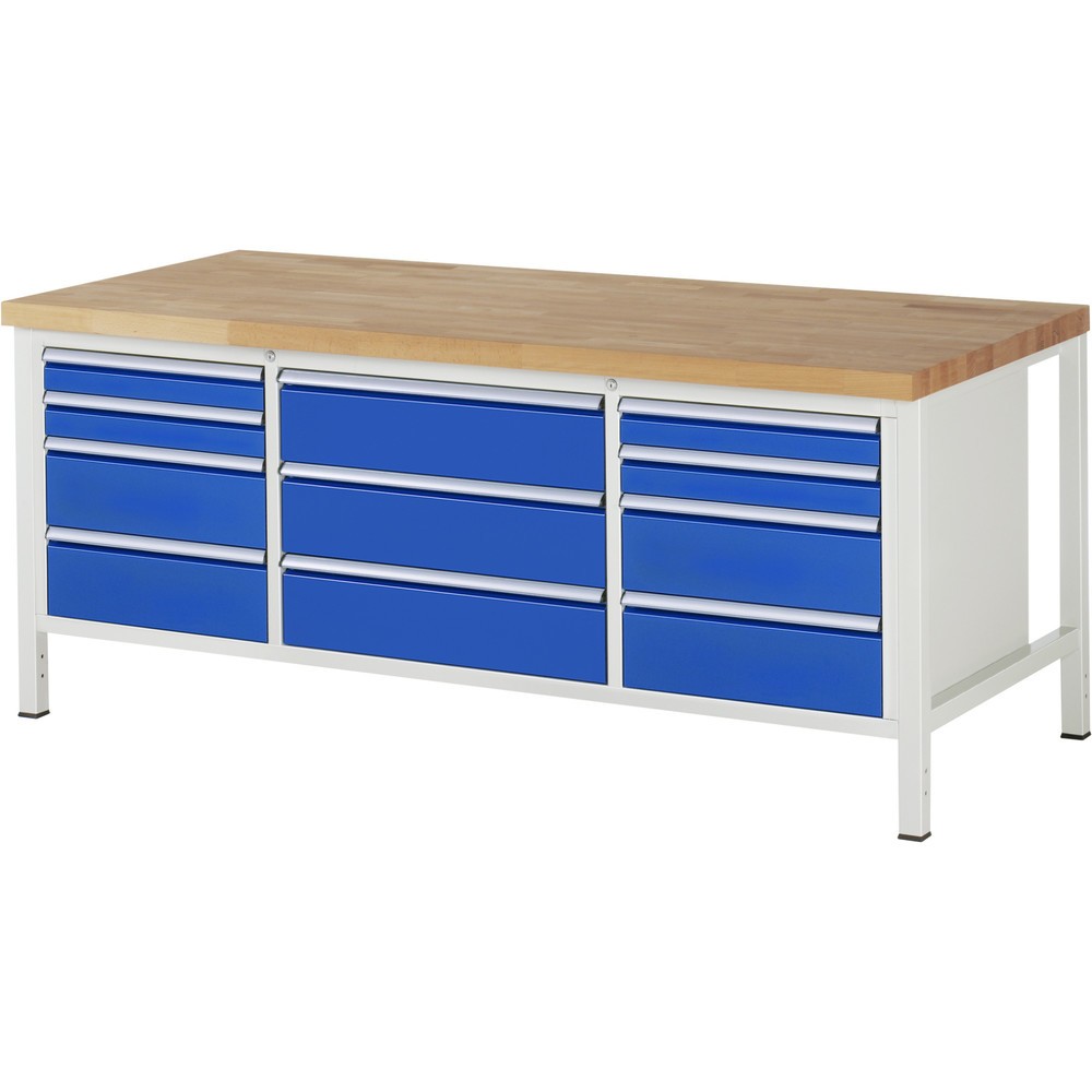 Immagine del prodotto: Banco da lavoro RAU serie 8000, 1 contenitore triplo, HxLxP 840 x 2.000 x 900 mm, 11 cassetti 4 x 90, 7 x 180 mm, portata cassetti 100/75 kg