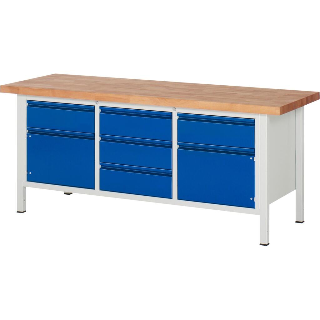 Banco da lavoro RAU serie 8000, 1 contenitore triplo, 2 ante battenti, AxLxP 840-1.040 x 2.000 x 700 mm, 5 cassetti, maniglia integrata Immagine del prodotto: Banco da lavoro RAU serie 8000, 1 contenitore triplo, 2 ante battenti, AxLxP 840-1.040 x 2.000 x 700 mm, 5 cassetti, maniglia integrata