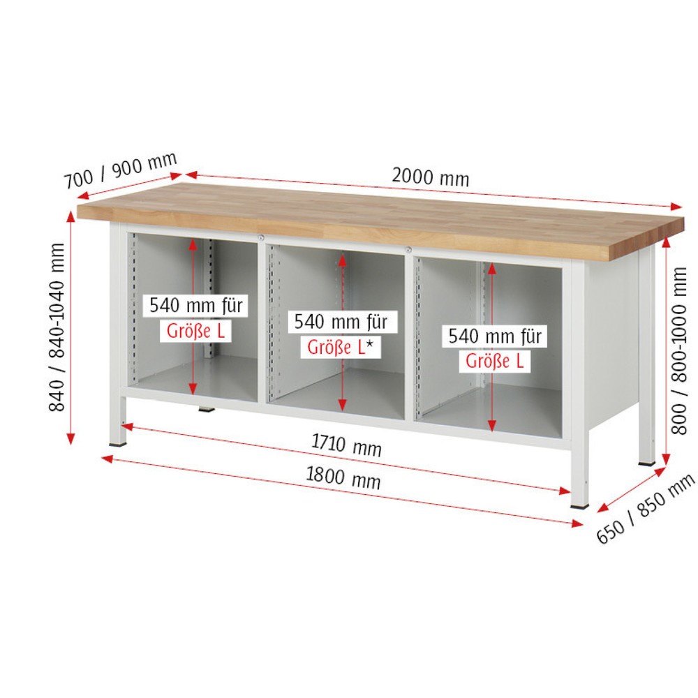 Immagine del prodotto n. 6: Banco da lavoro RAU serie 8000, 1 contenitore triplo, AxLxP 840-1.040 x 2.000 x 700 mm, 11 cassetti 4 x 90, 7 x 180 mm, portata cassetti 100 kg