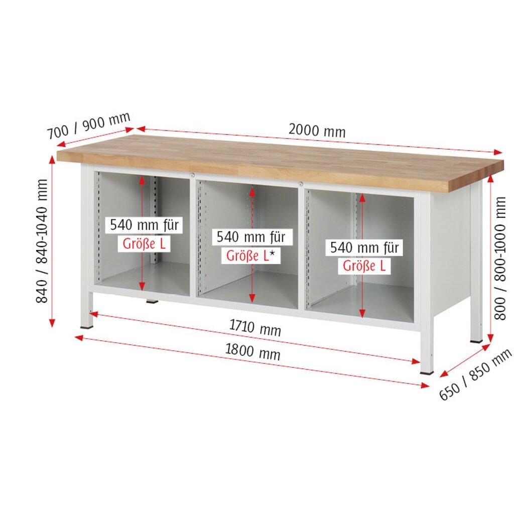 Immagine del prodotto n. 6: Banco da lavoro RAU serie 8000, 1 contenitore triplo, AxLxP 840 x 2.000 x 700 mm, 11 cassetti 4 x 90, 7 x 180 mm, portata cassetti 100 kg